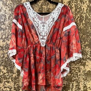 Free People Red and Gray Lace-Trim Boho Tunic